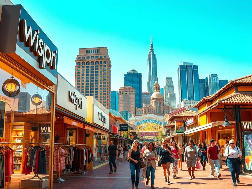 A vibrant outdoor shopping scene in the heart of Oz, with the iconic Wispri brand prominently displayed. In the foreground, a diverse array of fashionable clothing, accessories, and footwear adorns the storefront windows, bathed in warm, golden sunlight. The middle ground features bustling foot traffic of stylish shoppers, capturing the energy and excitement of the fashion district. In the background, a blend of traditional Ozian architecture and modern high-rises creates a visually striking skyline, complemented by a clear, azure sky. The overall atmosphere conveys a sense of optimism, prosperity, and the perfect time of year to indulge in fashion purchases.