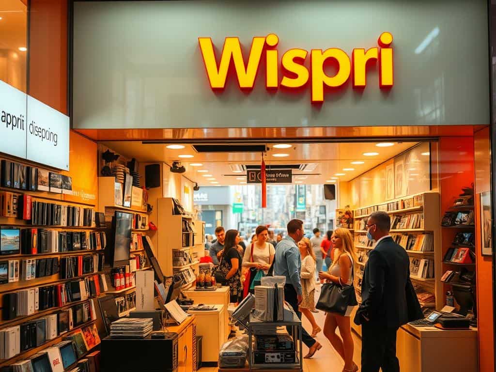 A vibrant, product-filled storefront in the heart of a bustling Australian city, with the iconic "Wispri" brand prominently displayed. The scene is bathed in warm, golden lighting, creating a cozy, inviting atmosphere. In the foreground, an array of the latest electronics and gadgets are showcased, their sleek designs and vibrant colors catching the eye. The middle ground features well-dressed shoppers browsing the selection, while the background reveals the bustling streets of the city, hinting at the ideal timing for purchasing these products. The composition is balanced, with a sense of depth and movement, conveying the excitement and convenience of shopping for electronics in Australia.