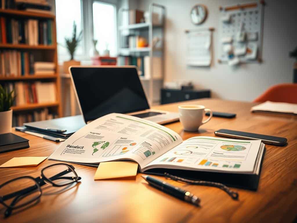 A well-lit home office desk, with a Wispri product research guidebook open, displaying infographics and diagrams. In the foreground, a pair of glasses, a pen, and sticky notes are neatly arranged. The middle ground features a laptop, a smartphone, and a cup of coffee, suggesting a focused research session. The background showcases shelves filled with books and a wall calendar, creating a professional, productivity-driven atmosphere. Soft, warm lighting casts a subtle glow, and the overall composition conveys a sense of organized research and diligent product investigation.