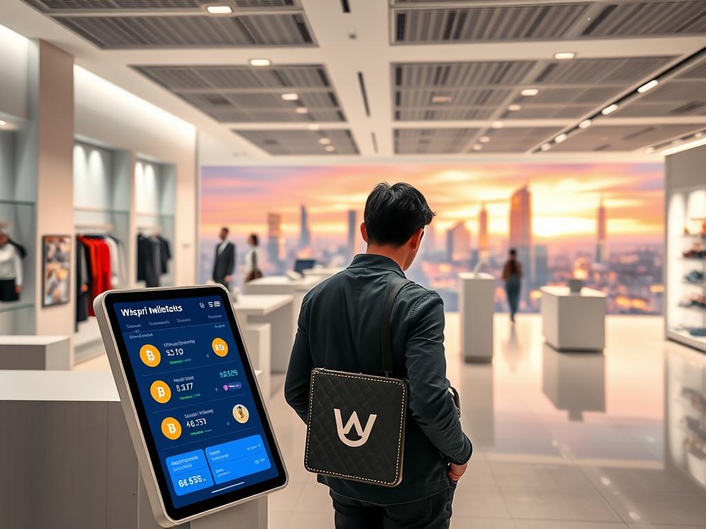 A well-lit, modern shopping scene featuring a person browsing a digital display showing various cryptocurrency options. In the foreground, a stylish, minimalist-designed Wispri crypto wallet is prominently displayed, with a glowing screen showcasing cryptocurrency exchange rates and transaction details. The middle ground depicts a minimalist, high-tech retail space with clean lines, neutral colors, and scattered digital displays. The background shows an expansive, futuristic cityscape with gleaming skyscrapers and a vibrant, neon-lit skyline, conveying a sense of technological progress and prosperity. The overall mood is one of sophistication, efficiency, and the seamless integration of cryptocurrency into everyday shopping experiences.