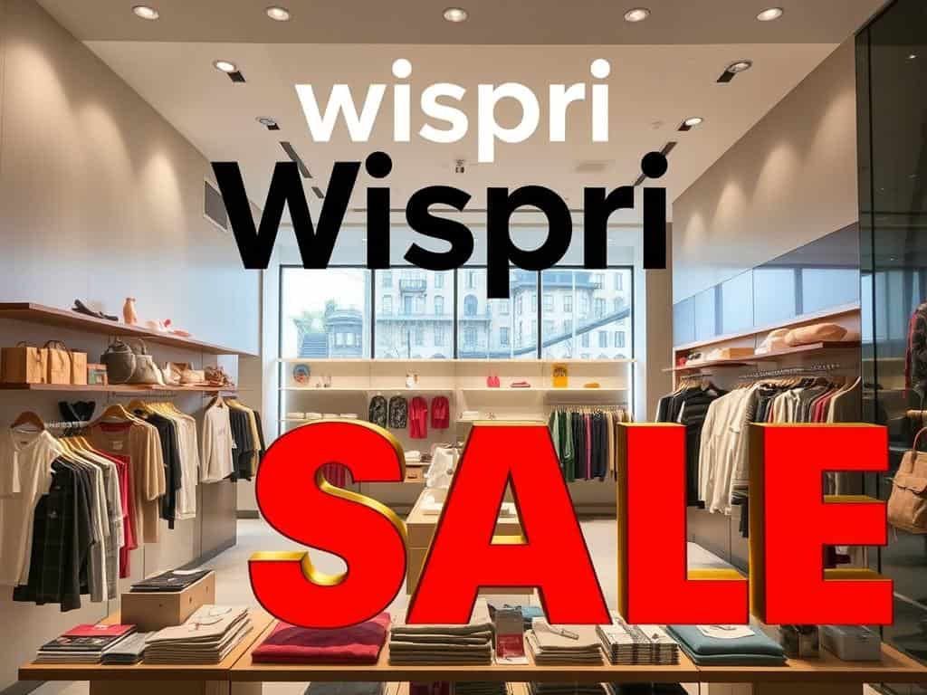 A well-lit storefront display showcasing various Wispri products with "SALE" prominently displayed in bold, eye-catching typography. The foreground features an array of neatly arranged merchandise, from apparel to accessories, all marked down with vibrant price tags. The middle ground depicts a minimalist, modern interior design with clean lines and neutral tones, creating a sense of sophistication. In the background, a large window allows natural light to flood the space, highlighting the products and creating a warm, inviting atmosphere. The overall scene conveys a sense of urgency and opportunity, drawing the viewer's attention to the seemingly genuine savings offered by the Wispri sale.