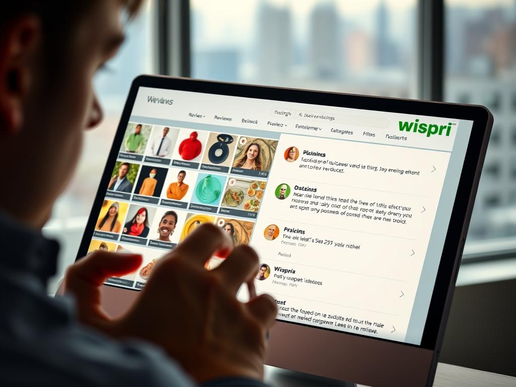 A well-lit, wide-angle shot of an online product review platform featuring the Wispri brand. In the foreground, a user scrolls through a grid of product thumbnails and review summaries, their face lit by the screen's glow. The middle ground showcases a clean, minimalist interface with tabs for different product categories and filtering options. In the background, a soft-focus cityscape or office setting suggests a professional, trustworthy environment. The overall mood is one of focus, reliability, and a sense of navigating the wealth of information available to make an informed purchasing decision.
