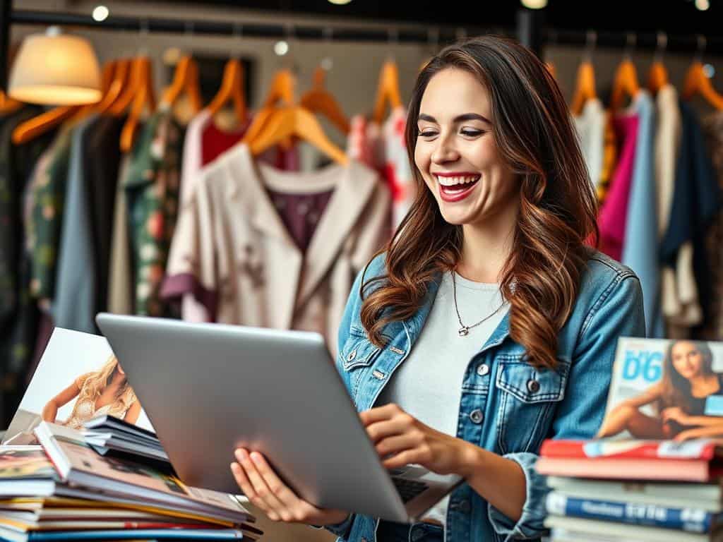 An image of a woman happily shopping online with a laptop, surrounded by fashion magazines and clothes.