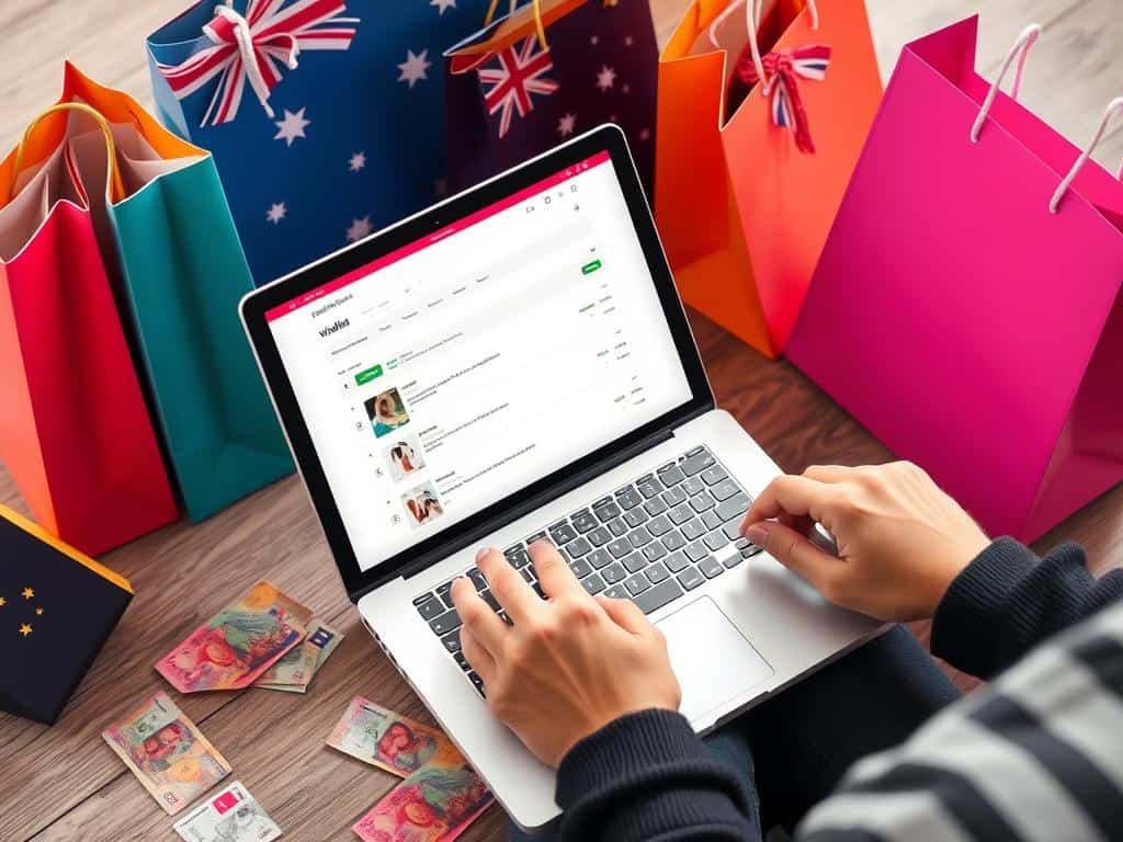 Create an image of a person using a laptop with a wishlist app open, surrounded by shopping bags and Australian currency notes.