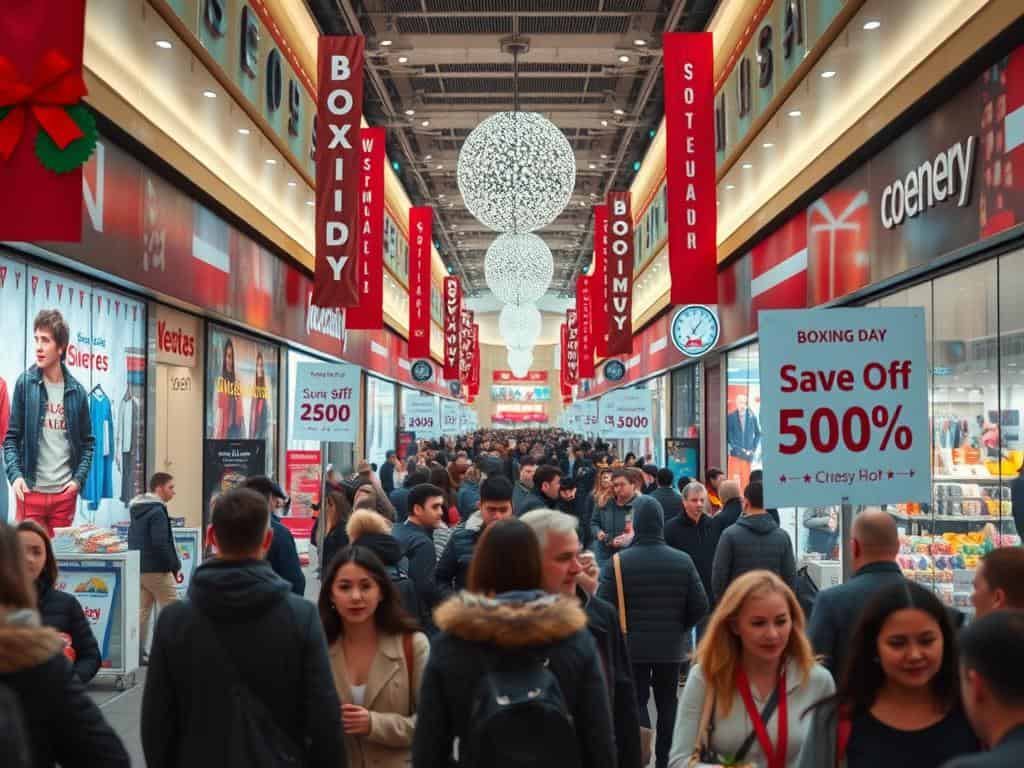 Generate an image of a crowded shopping mall on Boxing Day with signs indicating significant discounts.