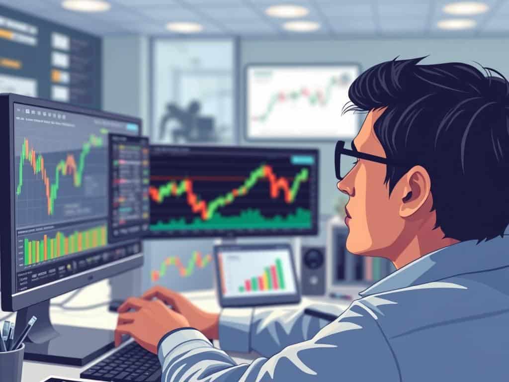 Generate an image of a person analyzing price history graphs on a computer screen.
