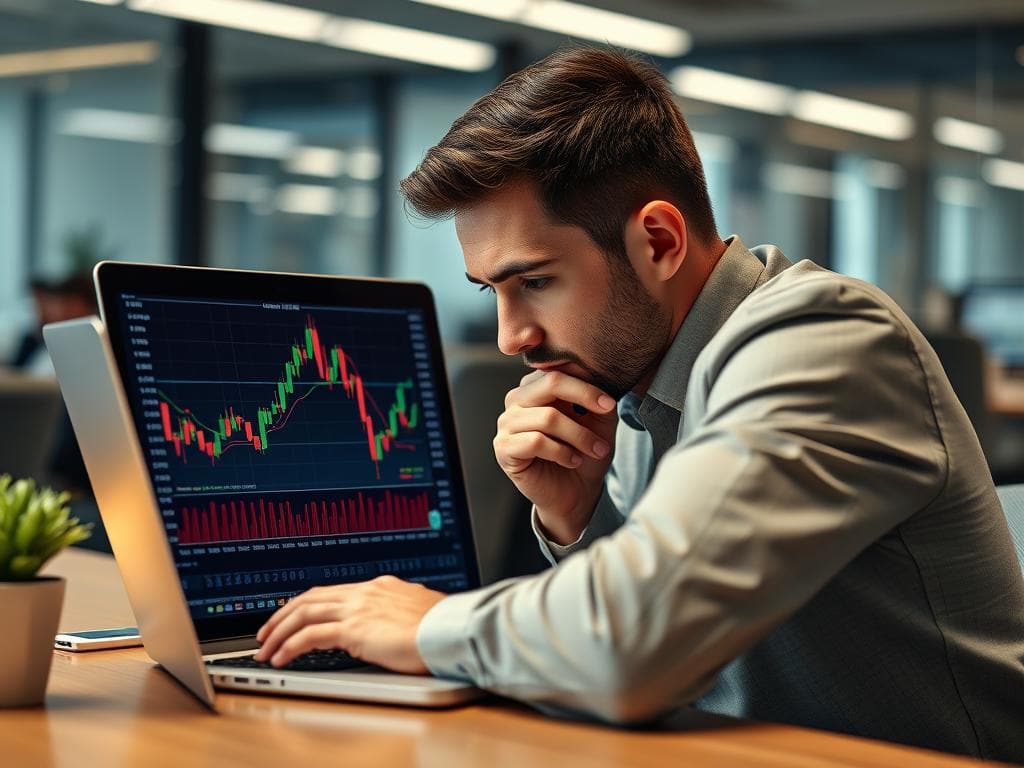 Generate an image of a person looking at a price chart on their laptop with a thoughtful expression.
