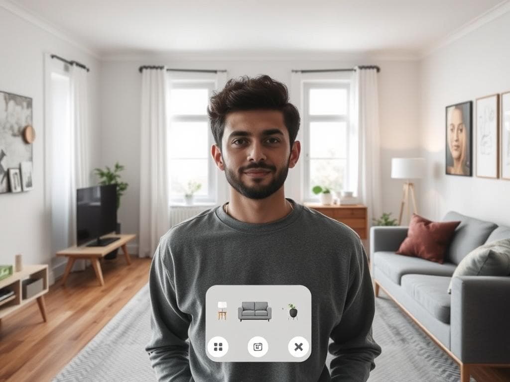 Generate an image of a person using IKEA Kreativ app to visualize furniture in their living room.
