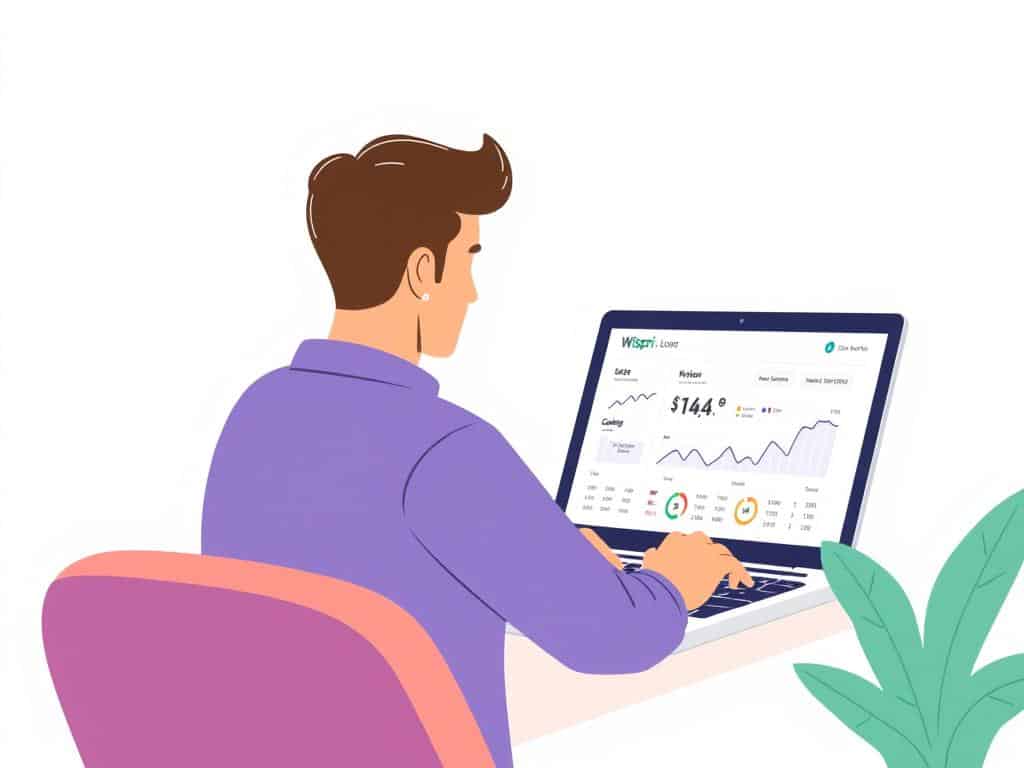Generate an image of a person using Wispri on their laptop to track subscription prices.