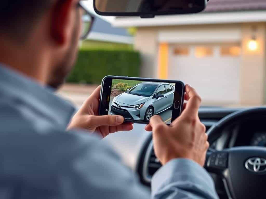 Generate an image of a person using a Toyota AR app to visualize a car in their driveway.