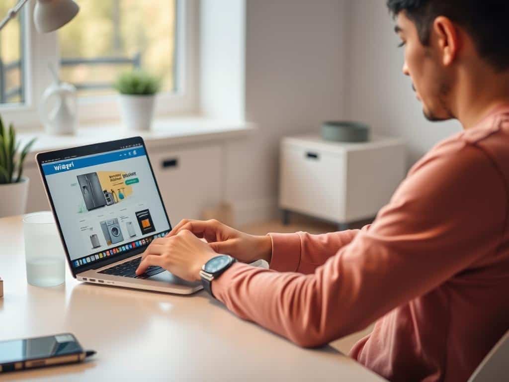 Generate an image of a person using a laptop to track home appliance prices on Wispri