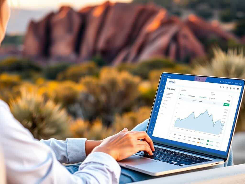 Generate an image of a person using a laptop with Wispri's price tracking app open on the screen, with a friendly Australian landscape in the background.