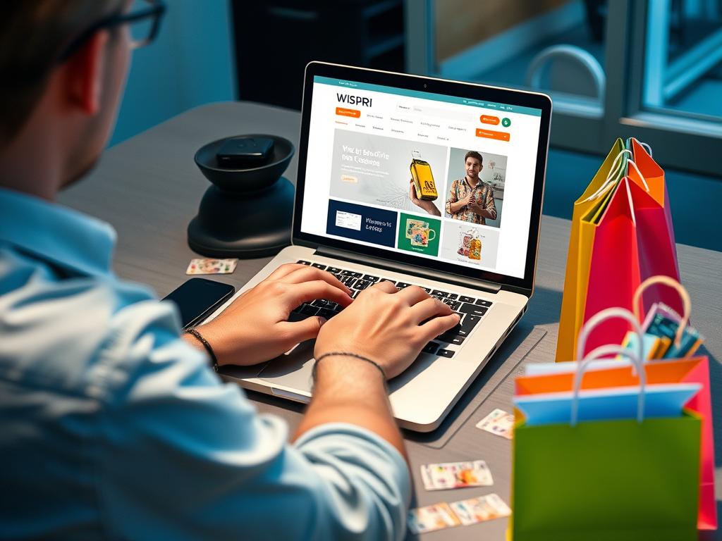 Generate an image of a person using a laptop with Wispri's website on the screen, surrounded by Australian currency notes and shopping bags.