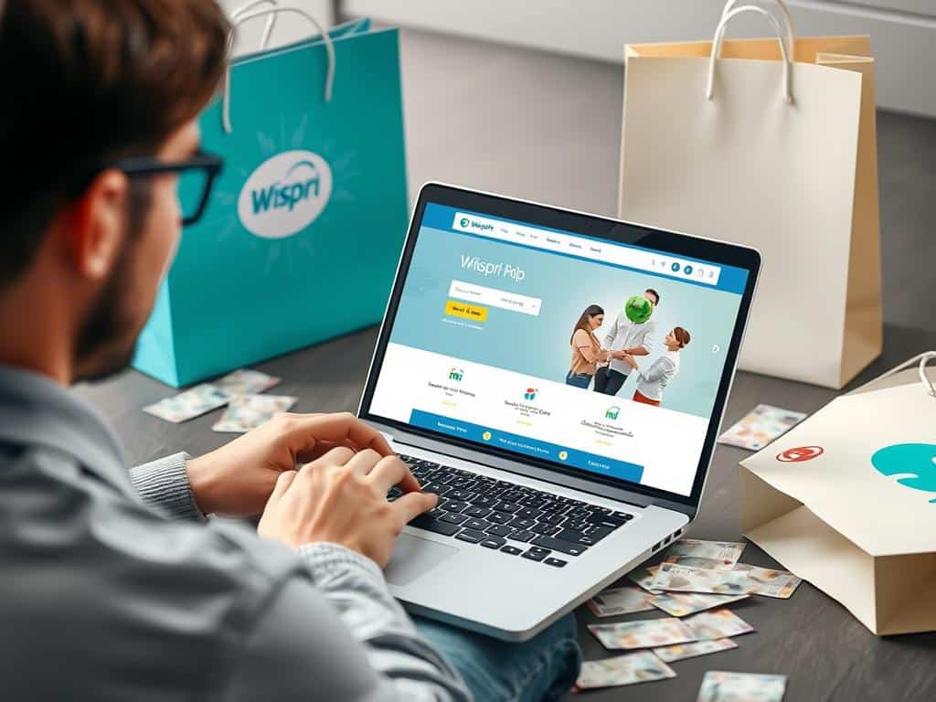 Generate an image of a person using a laptop with Wispri's website open, surrounded by shopping bags and Australian currency.