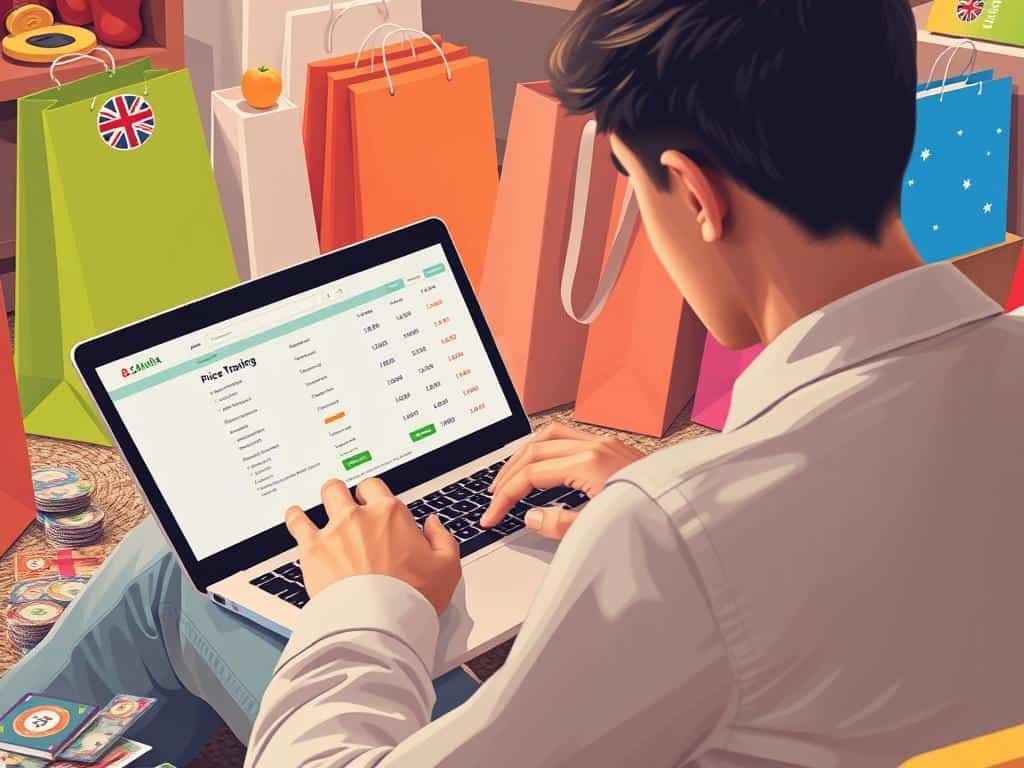 Generate an image of a person using a laptop with a price tracking website open, surrounded by shopping bags and Australian currency.