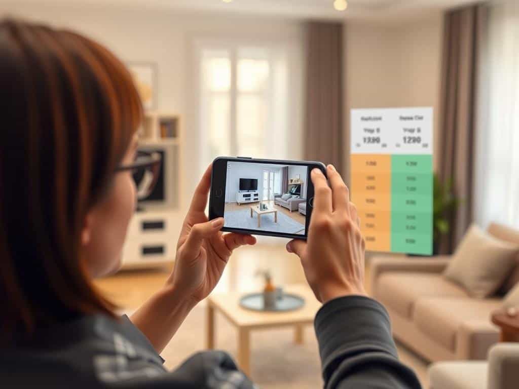 Generate an image of a person using a smartphone to visualize a product in their living room using AR, with a price comparison chart in the background.