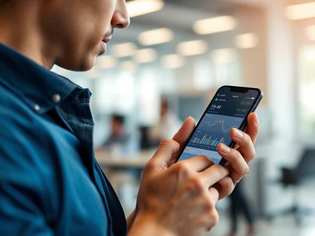 Generate an image of a person using a smartphone with the Wispri PRO app open, showing price alerts and analytics.