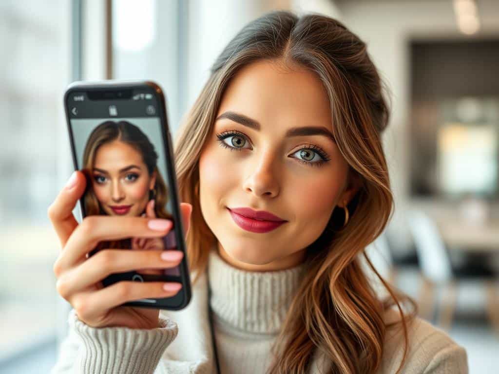 Generate an image of a person virtually trying on makeup using a beauty app.
