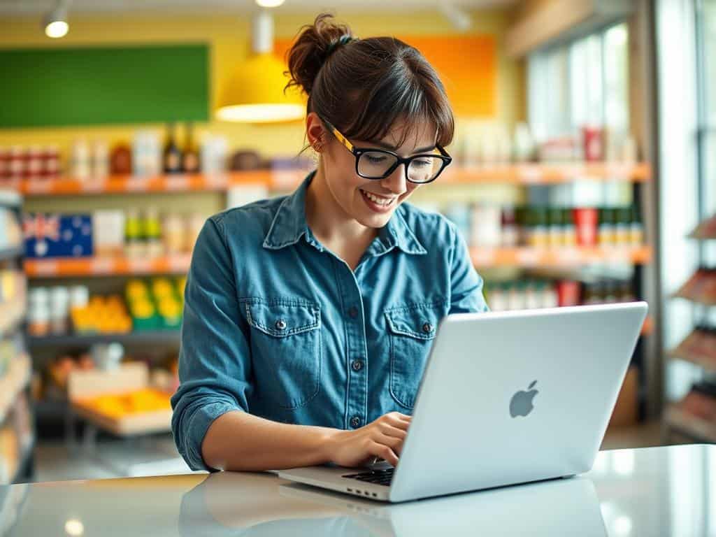Generate an image of a smart Australian shopper using a laptop with Wispri's price tracking interface on the screen, surrounded by Australian products.
