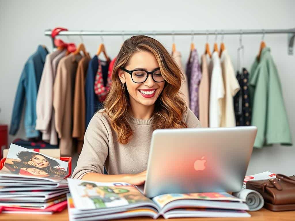 Generate an image of a woman happily shopping online with a laptop, surrounded by fashion magazines and clothes.