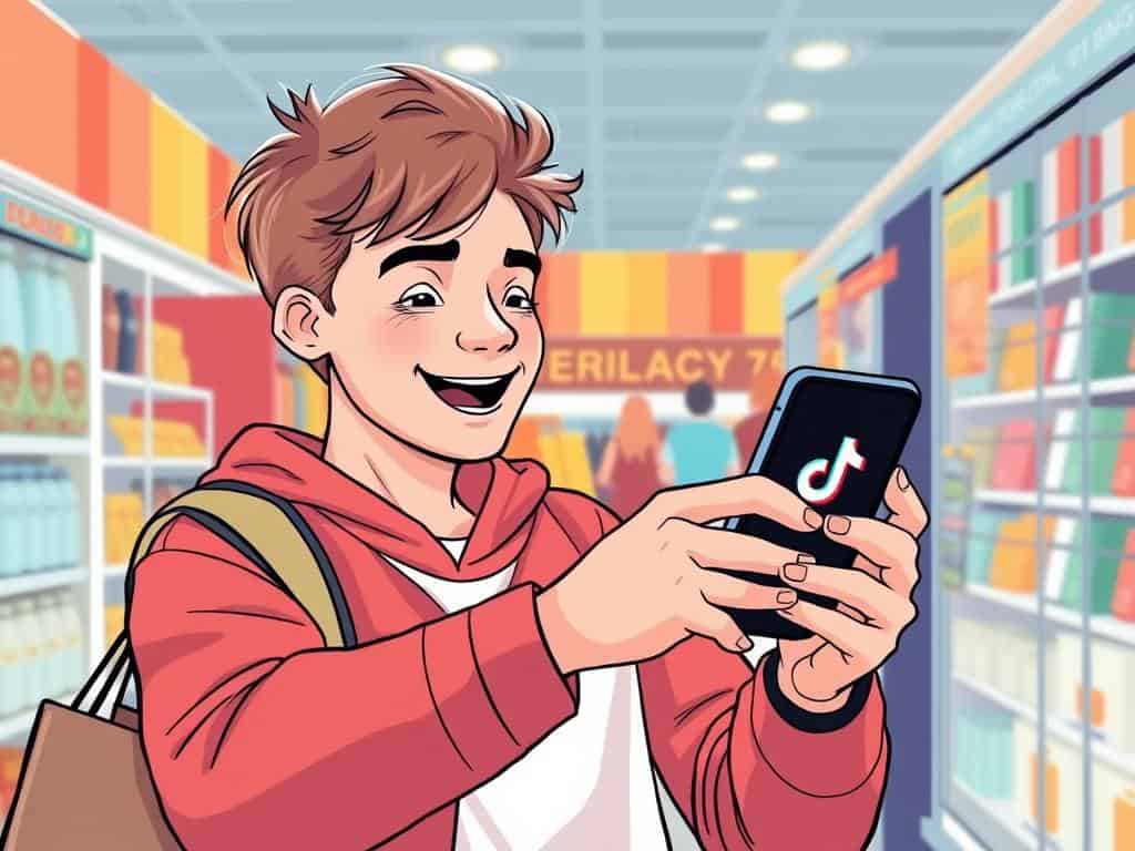 Generate an image of a young Australian shopper using TikTok on their mobile phone