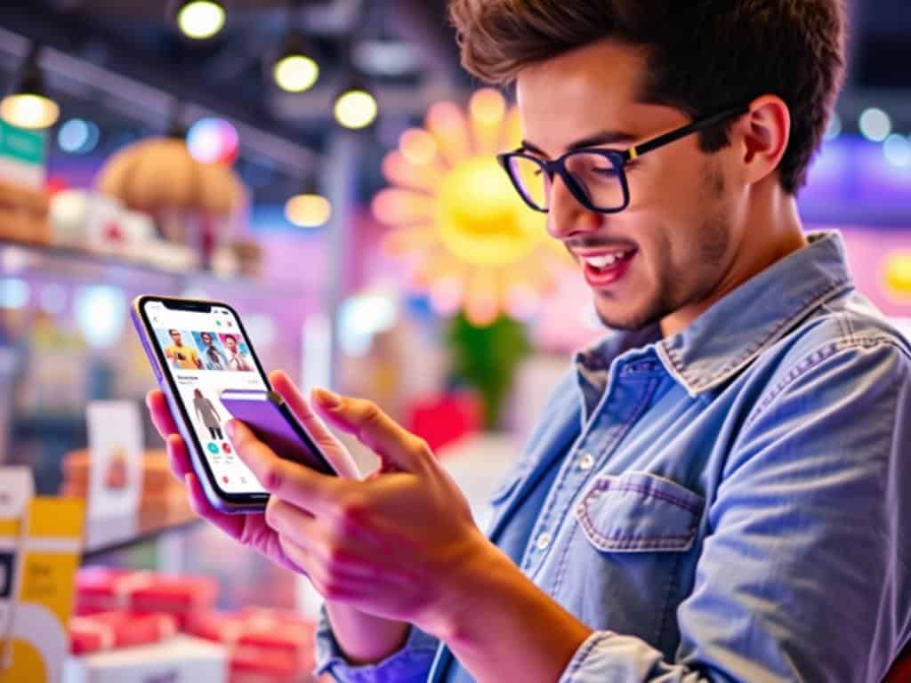 Generate an image representing social commerce, with a person shopping on a social media platform on their mobile device.