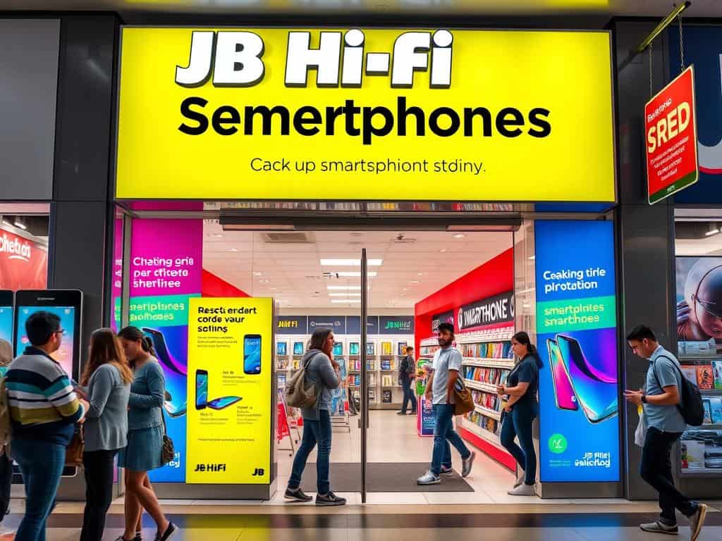 Image of JB Hi-Fi storefront with smartphone promotions