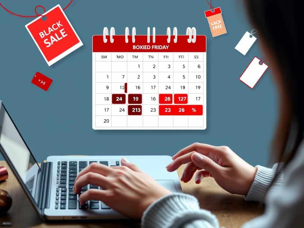 Image of a person shopping online with a laptop and a smartphone nearby, with a calendar in the background highlighting Black Friday and Boxing Day sales.