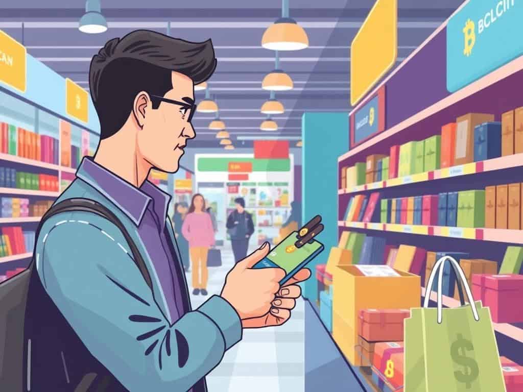 Image of a person using a cryptocurrency card at a retail store