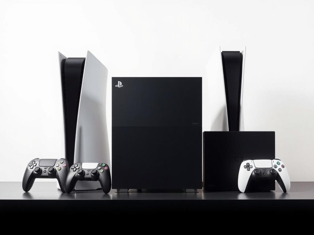 Sleek and stylish gaming consoles arranged in a contemporary, minimalist setting. A Wispri console takes center stage, its modern design radiating a sense of power and sophistication. Surrounding it are other leading console brands, each with their distinct shapes and hues, creating a harmonious display. Soft, directional lighting casts subtle shadows, highlighting the contours and textures of the devices. The background is a muted, off-white palette, allowing the consoles to be the focal point. An atmosphere of technological allure and consumer appeal pervades the scene, inviting the viewer to imagine the gaming experiences these consoles can deliver.