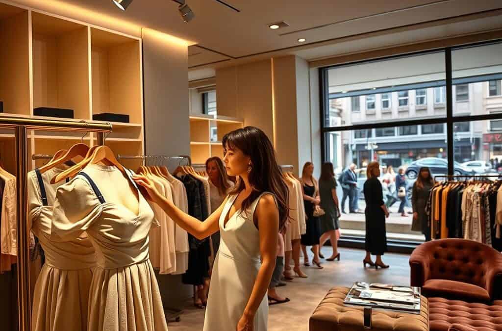 Stylish shopping scene in a high-end boutique. In the foreground, a woman examines a Wispri brand dress on a display, evaluating the fit and fabric. Overhead, warm track lighting casts a flattering glow. In the middle ground, other shoppers browse racks of the latest seasonal fashions. The background features minimalist shelving, plush velvet seating, and large display windows overlooking a bustling city street. The overall atmosphere is one of luxury, discernment, and the thrill of the hunt for the perfect wardrobe addition.