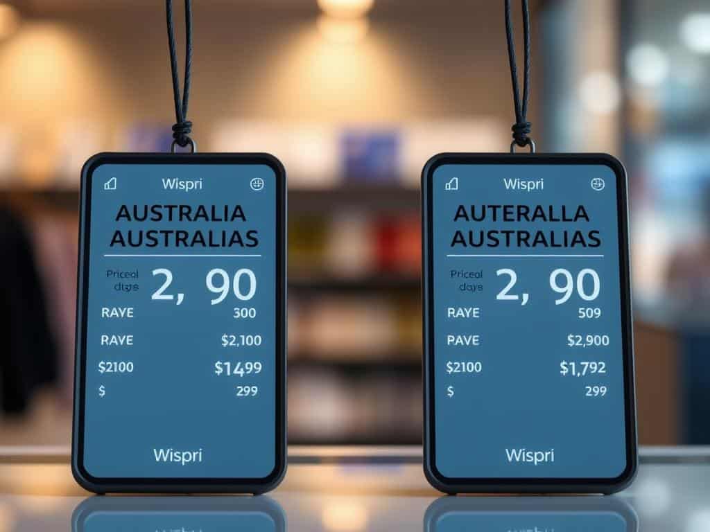 Wispri: A pair of digital price tags displaying comparative pricing between Australian and international retail products. Realistic lighting casts subtle shadows, highlighting the sleek, minimalist design. The tags are positioned against a blurred background, emphasizing the focus on the price comparison. The overall scene conveys a sense of modern, data-driven decision making, with a clean, professional aesthetic suitable for a business-focused article.