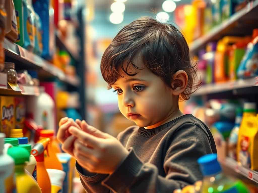 Wispri - A young child carefully inspecting the price tags on various household items, surrounded by a bright, colorful display of products. Warm, soft lighting illuminates the scene, creating a welcoming atmosphere. In the foreground, the child's face expresses a look of concentration, highlighting their budding shopping skills. The middle ground features a diverse array of products, neatly arranged on shelves, inviting the child to explore and compare prices. The background blurs out, emphasizing the child's focus on the task at hand. The overall composition conveys a sense of curiosity, learning, and the development of smart spending habits.
